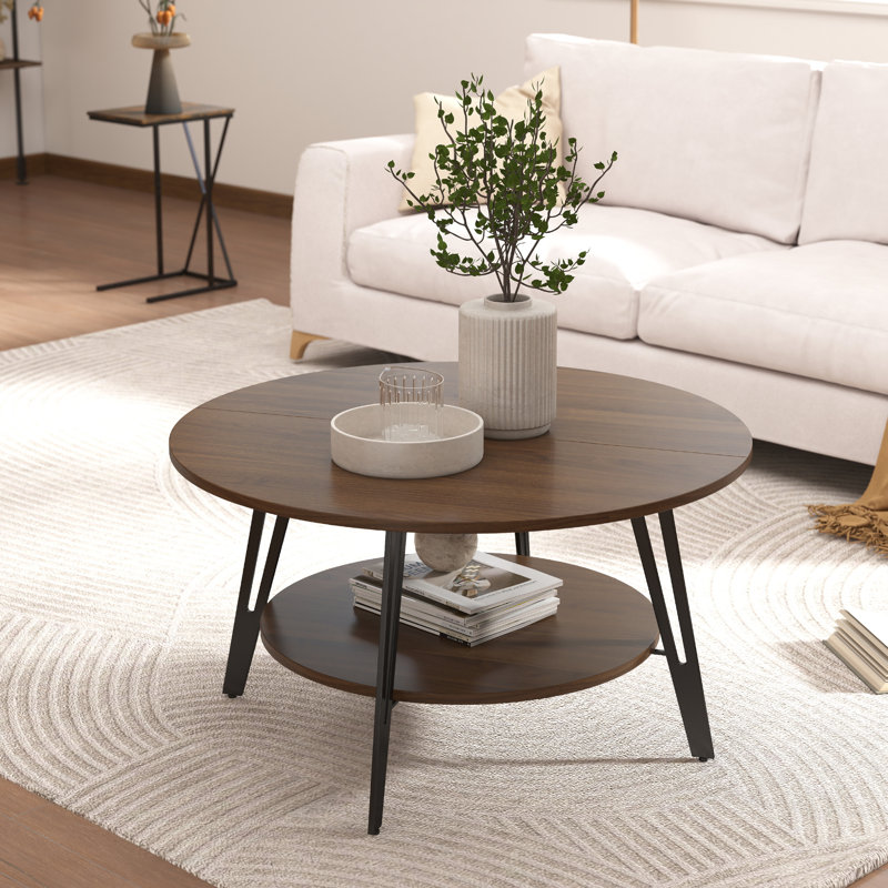 Omar 2 Tier Round Coffee Table With Storage, Center Table  with Solid Iron Legs For Living Room, Brown