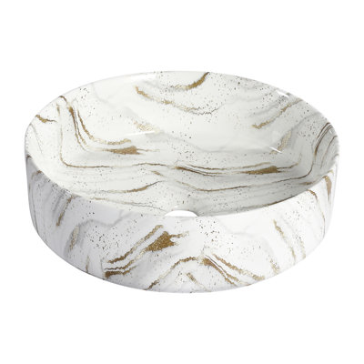 Lavabo de salle de bain rond rond en céramique pour salle de bain, glacier de haute qualité, bien conçu, comptoir de salle de bain de 18,9 lb de 15,7 pouces de largeur, avec design blanc et or, trois couches faciles à entretenir,