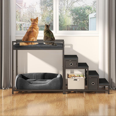 Pet Bunk Bed With Stairs And Storage, Dogs/cats Window Perch, Bedside Lounge Elevated Dog Bed Multi-level Platform With Foam Upholstery