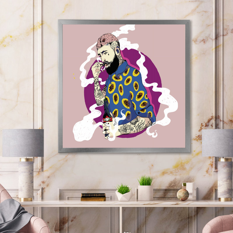 Hipster Man with Beard Smoke a Cigarette - impression sur toile, H 30 po x l 30 po x P 1 po, Cadre photo argenté