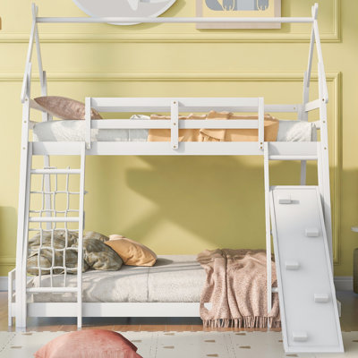 Lit superposé simple au-dessus de grand lit avec filets d'escalade et rampe d'escalade