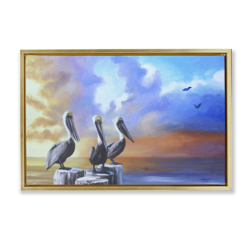 «Vivid Pelican Trio» par D. Rust, Cadre flottant métallique doré, H 21 po x l 31 po