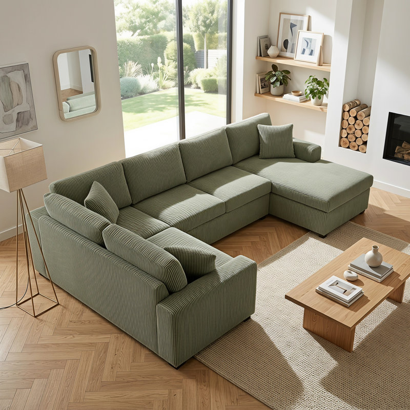 Canapé modulaire surdimensionné en U de 115,3 po avec méridienne - canapé en velours côtelé, 3 coussins décoratifs, assise profonde (22 po) et coussins épais (5,9 po) - grand canapé modulaire de salon, support à ressorts ensachés - Assemblage facile