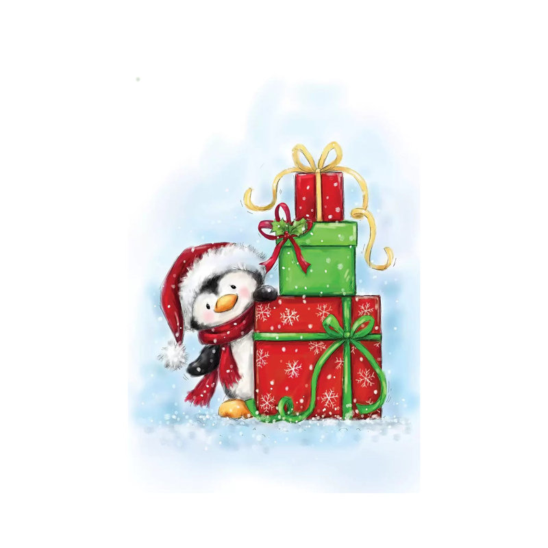 Penguin And Presents by MAKIKO - Wrapped Canvas Print, 20.32 cm H x 30.48 cm W