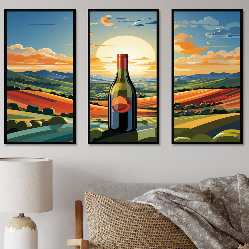 Bouteilles de vin dans des paysages italiens II - art mural vin, Cadre flottant noir, H 40 po x l 61 po x P 1 po