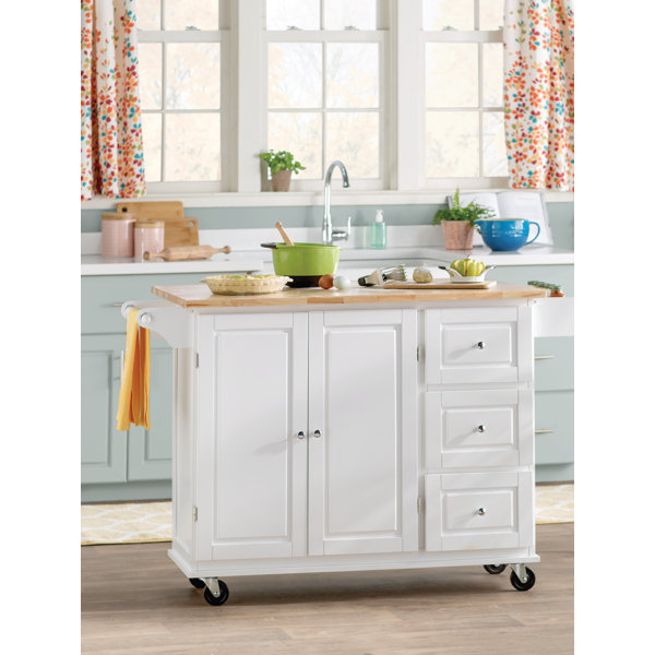 Behling Solid Butcher Block Kitchen Island with Baskets and Storage Shelf