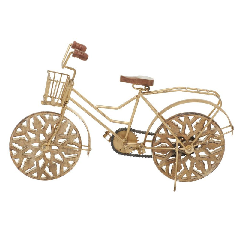 Harva Metal Bike Decorative Gold Sculpture with Carved Wood Wheels, Gold
