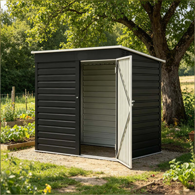 Remise de jardin extérieure en acier galvanisé durable avec porte verrouillable, panneau horizontal, rampe intégrée et gants de protection pour un rangement facile dans la cour de 6 pi x 4 pi.