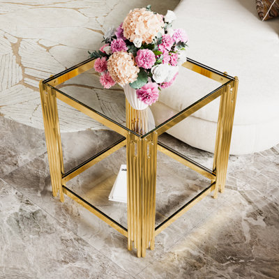 Modern Transparent Glass End Table For Living Room, Square,Asymmetrical Metal, Gold Finish & Lower Shelf, 19.9"