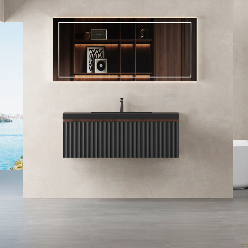Meuble-lavabo flottant 42 po avec lavabo, meuble-lavabo mural rayé avec tiroirs à fermeture en douceur et cuve à quartz noir, entièrement assemblé