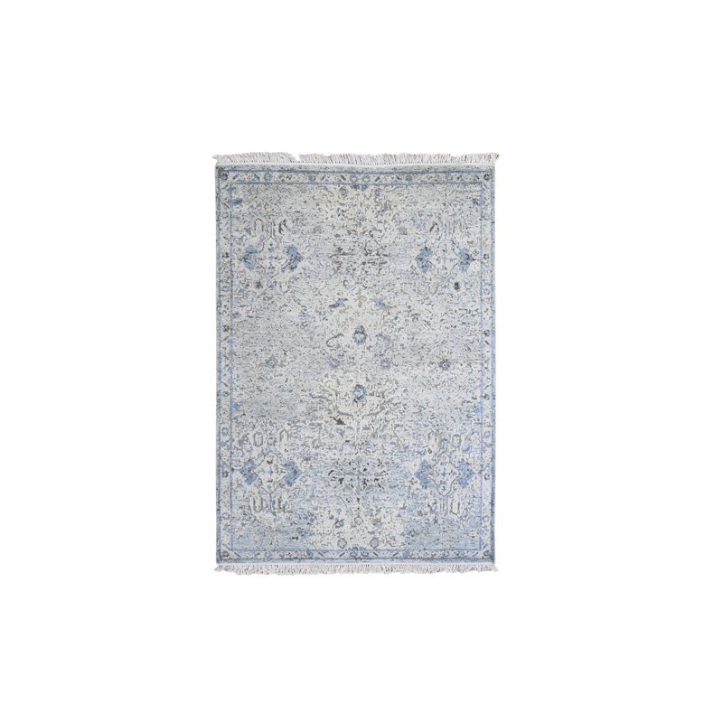 4'0" x 6'0" New Hand Knotted Blue Wool & Silk Rectangle Oriental Rug - MOA10259750