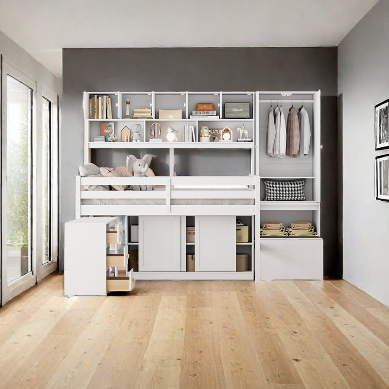 Lit mezzanine pour enfants avec tiroirs Jobina, Gris, Double