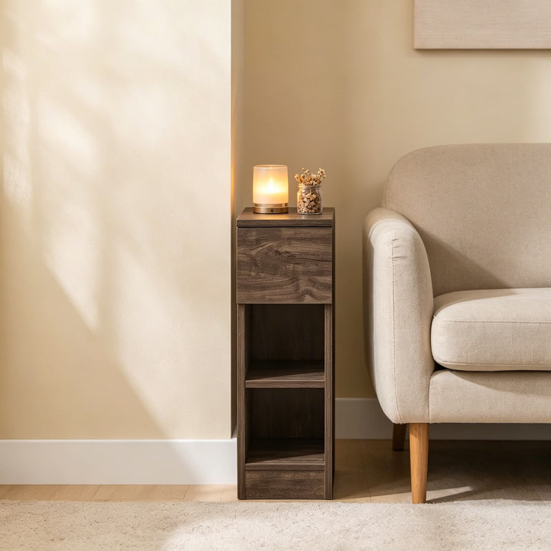Table de chevet étroite avec tiroir, table de chevet mince pour les petits espaces, table d'appoint compacte pour chambre à coucher avec tablette ouverte, assemblage facile, brun