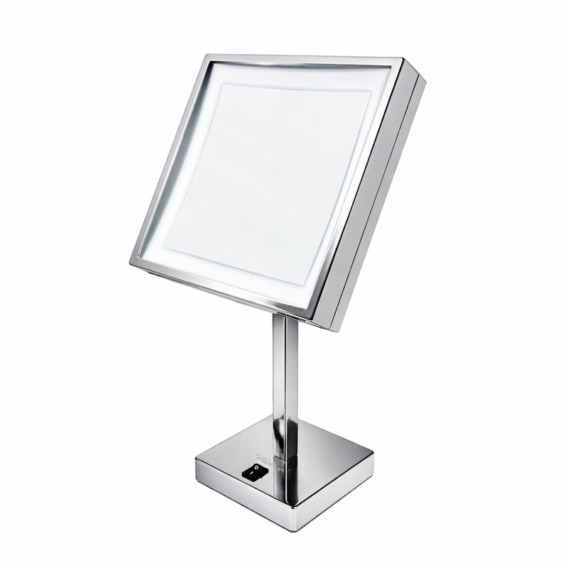 Anodized aluminum body square freestanding LED 5X magnified vanity mirror, Polished Chrome