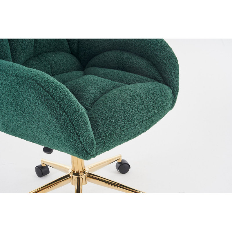 Fauteuil de bureau pivotant à 360° en tissu Teddy, avec base en métal doré et roulettes universelles, vert