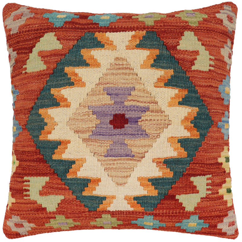 Coussin en kilim Tribal Miller, H 20 po x l 20 po, Rouille / bleu / beige / vert