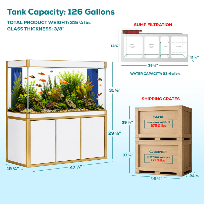 Réservoir d'aquarium rectangulaire, Blanc / Doré, 135 gallons (H 61 po x l 47,2 po x P 19,7 po)