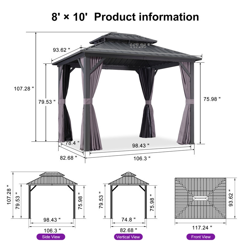 Pavillon de jardin d'extérieur en aluminium mauve 08 pi x 10 pi avec double toit en acier galvanisé robuste pour terrasse de patio, filet et rideaux inclus, gris