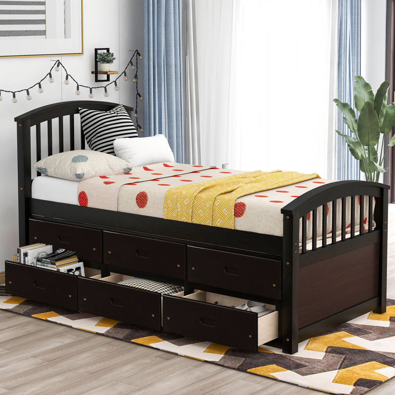 Lit plateforme simple en bois massif avec 6 tiroirs, Espresso