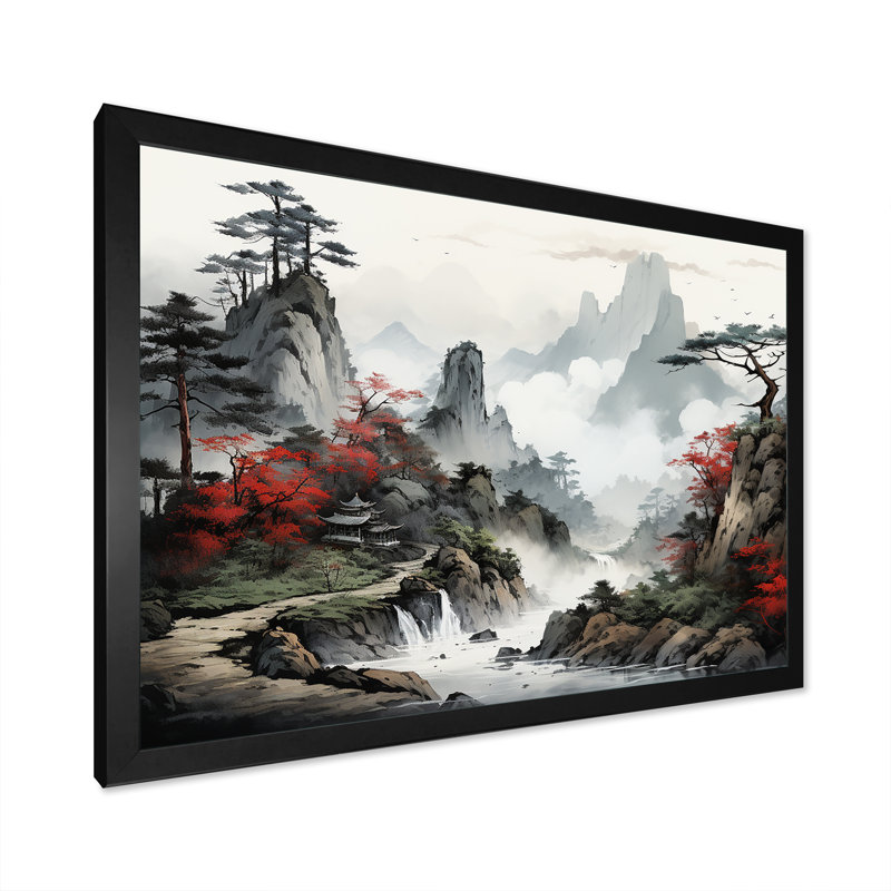 «Gray River China Landscape I», art mural Chine, Cadre flottant doré, H 24 po x l 32 po x P 1 po