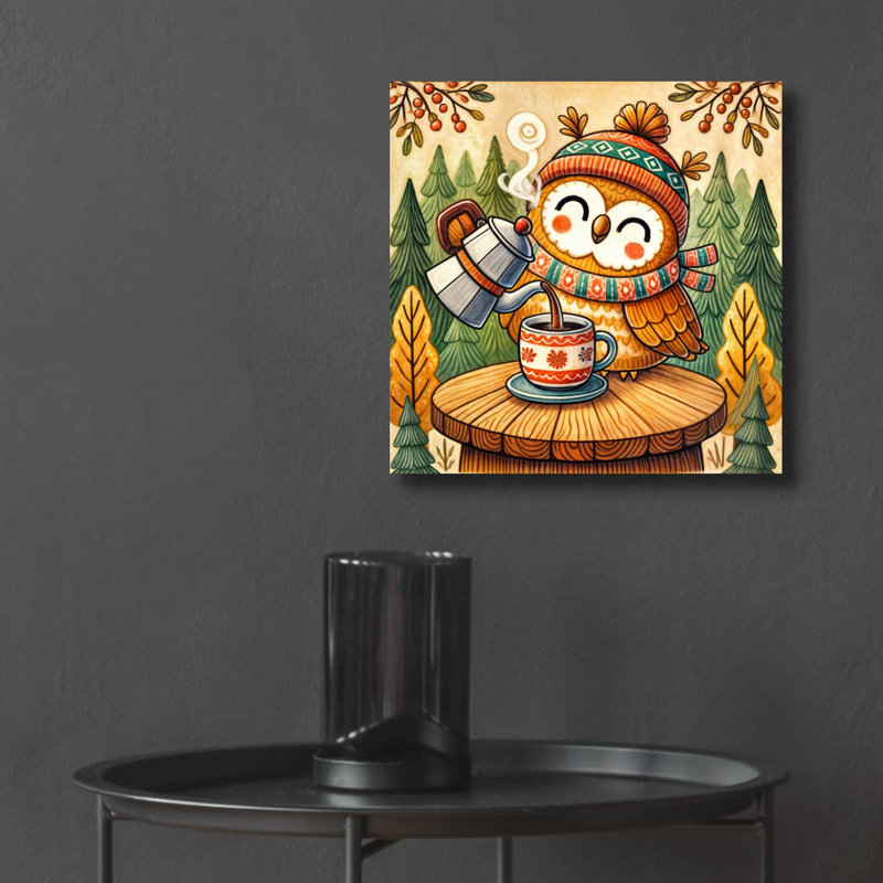  «Owl and Coffee 2» par Rey Klimt, art mural en verre acrylique, 36 po x 36 po, H 12 po x l 12 po x P 0,13 po