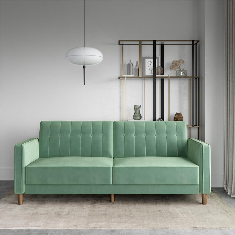 Perdue 81.5" Velvet Square Arm Convertible Sofa, Light Green Velvet