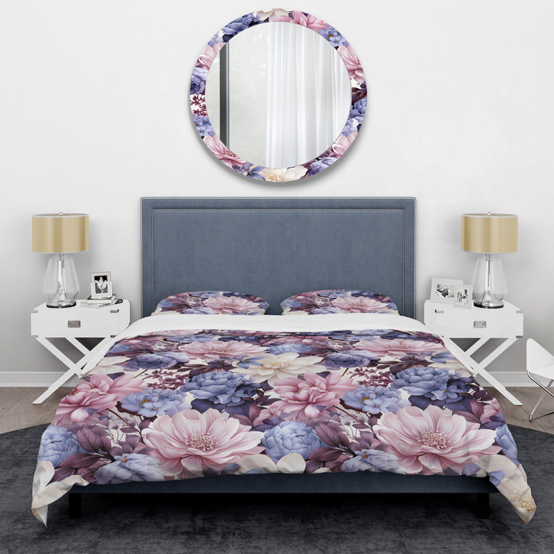 Ensemble de housse de couette à motif floral en microfibre bleu et mauve, Housse de couette pour grand lit et 2 taies décor