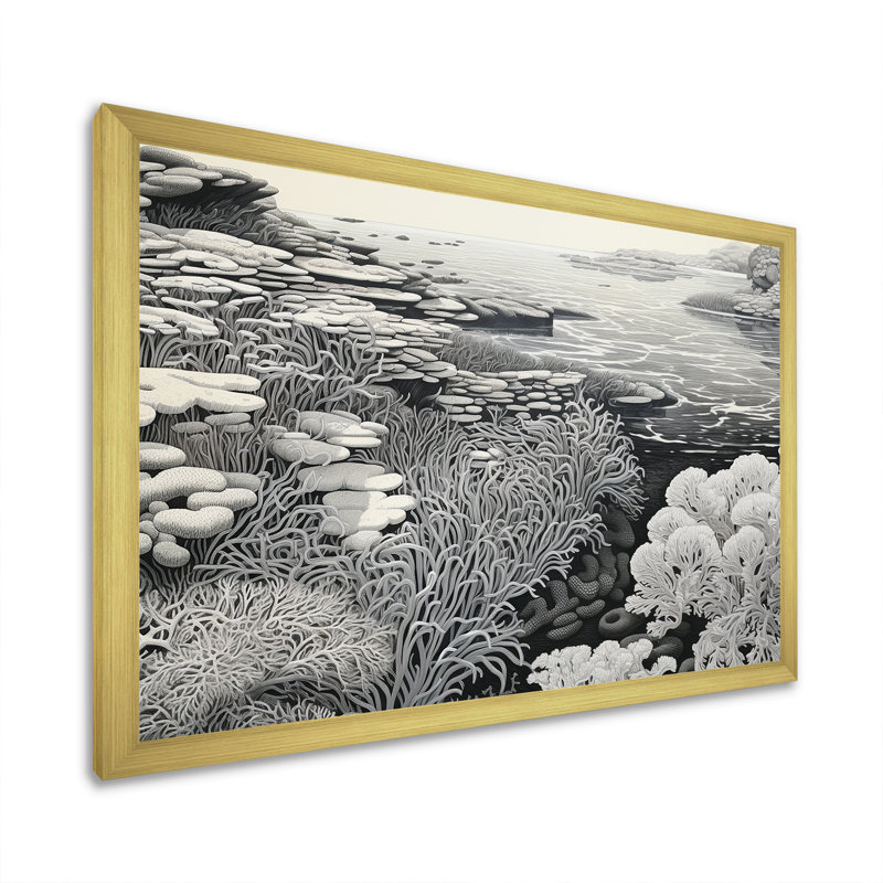Scènes marines grises sur toile, H 12 po x l 20 po x P 1 po, Cadre d'angle fermé doré