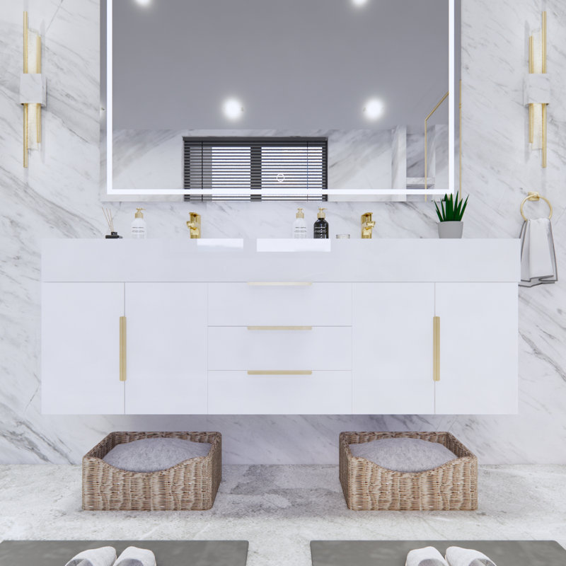 Ensemble de meuble-lavabo double mural l 59 po x P 19,75 po x H 22,25 po Glasgow, Blanc, Blanc très luisant