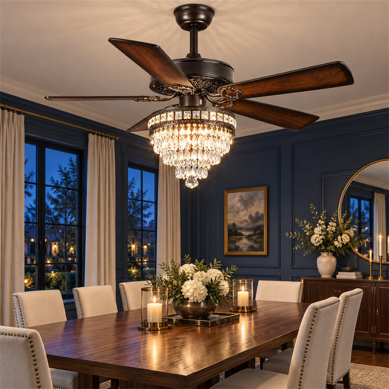 Ventilateur de plafond 52 "/ 62" / 72 "en cristal Fandelier avec lumières et télécommande, Noir, 52"