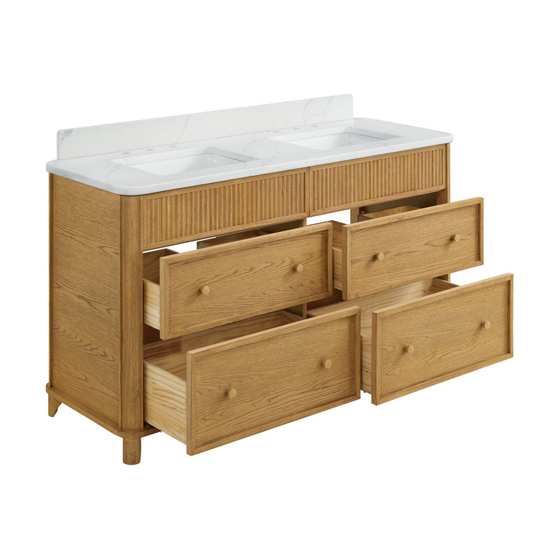 Meuble-lavabo double 60 po avec plateau en quartz Statuario Kennedy, Chêne naturel rehaussé, 60"