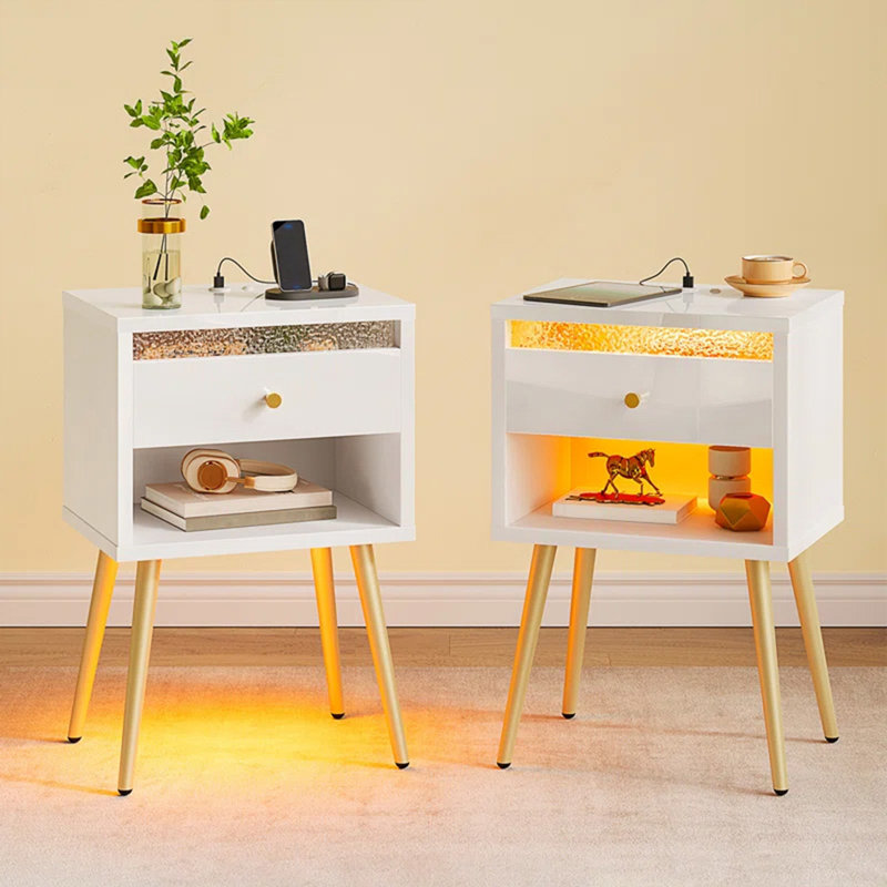 Nightstand Set Of 2, Bedside Table With 1 Storage Drawer Charging Station And Led Open Shelf, White