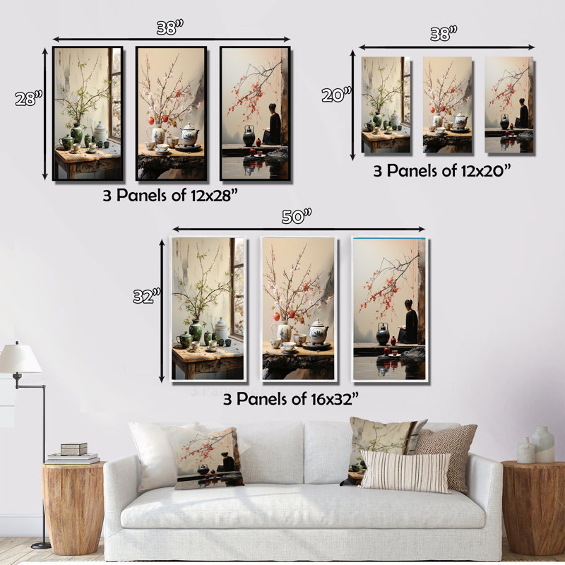 3 pièces sur toile - Cérémonie du thé Japon Art, Cadre noir, H 32 po x l 48 po