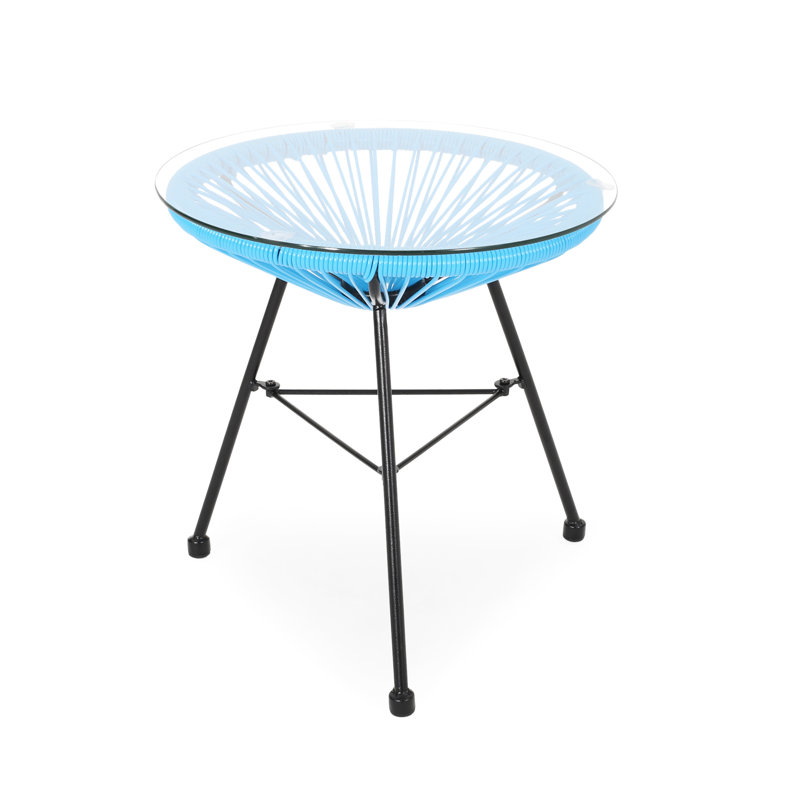 Tempered Glass Side Table With Blue Base, 17.52"W X 17.52"D 18.32"H, Stylish Outdoor Accessory Modern - Top & , Build