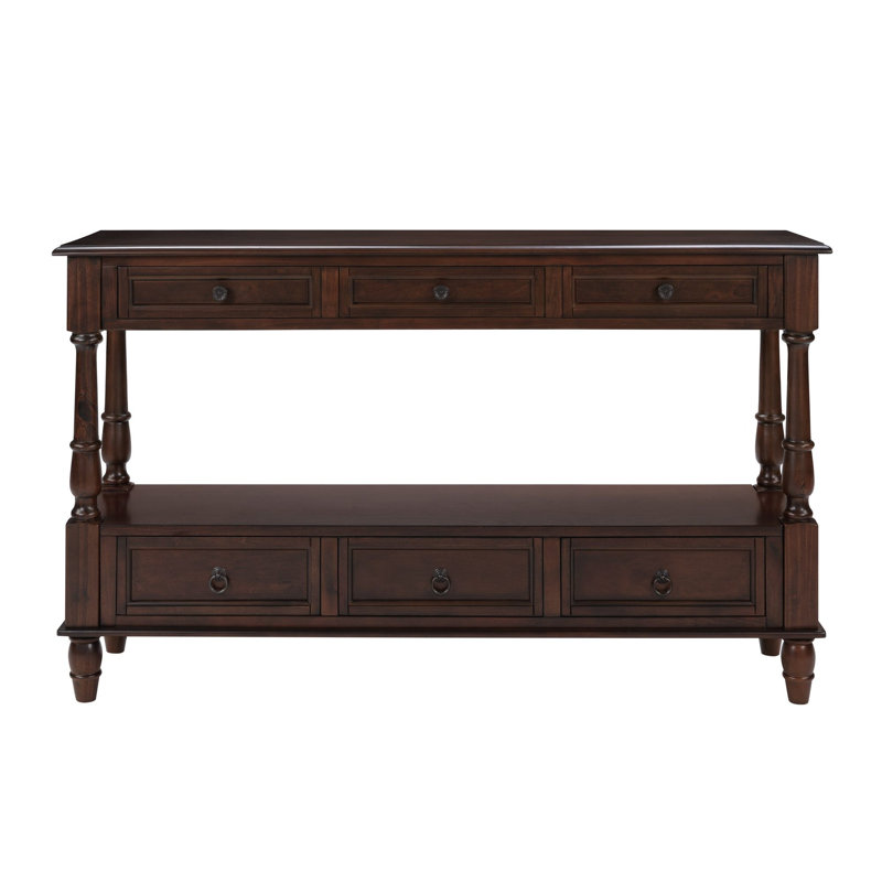 Console rétro en bois massif de 54 po avec 6 tiroirs et tablette pour le salon, le couloir et l'entrée, Espresso