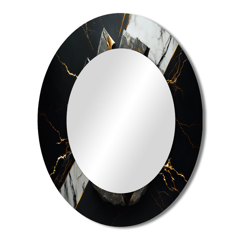 Abstract Geode Black III - Black Modern Oval Wall Mirror, 43" x 33"