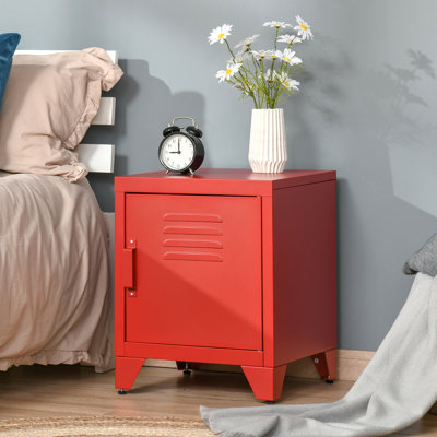 Table de bout industrielle avec porte de casier et tablette réglable en rouge, pour un emplacement stable