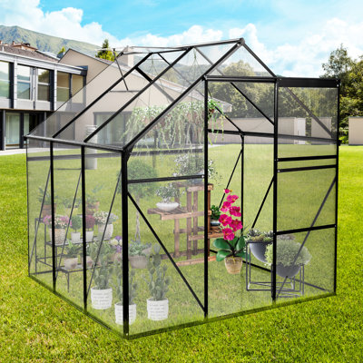 Walk-In Greenhouse 6X6ft - Black Polycarbonate With Build All Season Backyard Adjustable Roof, Galvanized Base Black, Heavy Duty For Weather Sliding Door, Good Ventilation, Roof
