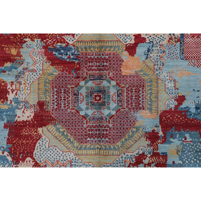 Tapis rouge et bleu noué à la main de haute qualité