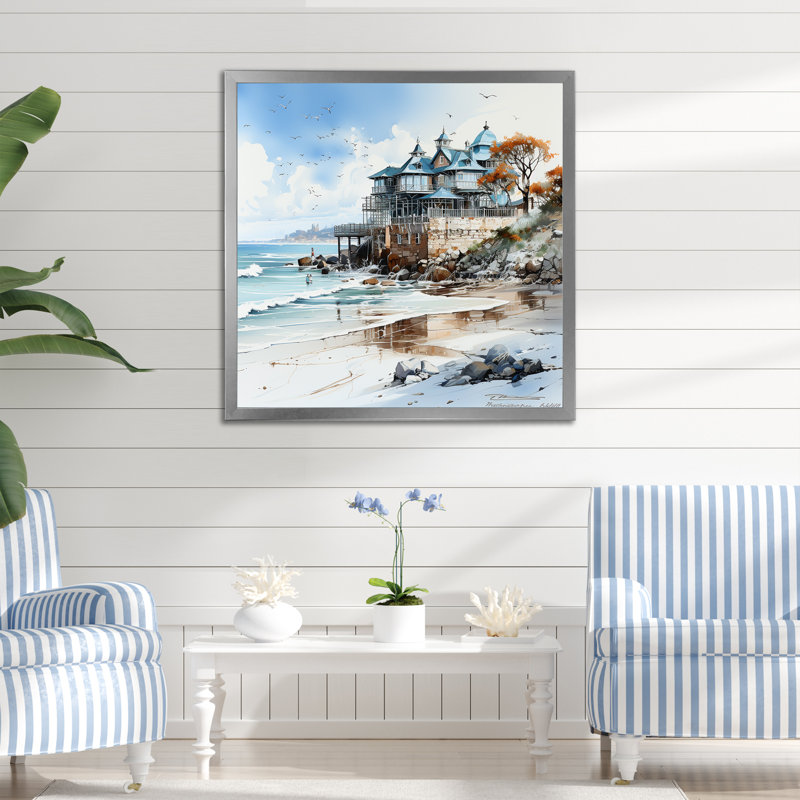 «Beach House Charm In Winter I», reproduction sur toile, Cadre simple argenté, H 30 po x l 30 po x P 1 po