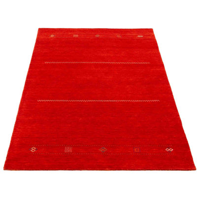 Tapis rouge en laine noué à la main de conception unique 5 pi x 8 pi 0 po Jhonie