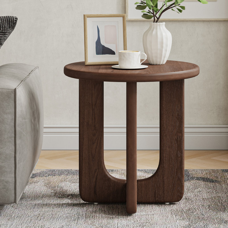Table d'appoint ronde avec placage en chêne et pieds en bois massif Evelio, Noyer