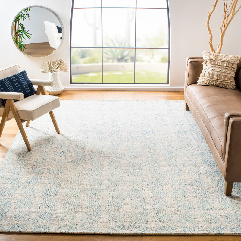 Konieczny Hand Tufted Wool/Cotton Geometric Rug in Ivory/Light Blue, Rectangle 4' x 6'