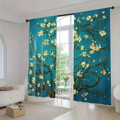 2Pcs rideaux bleu sarcelle en fleurs, rideaux esthétiques à motif floral avec passe-tringle pour fenêtre de salon, accessoires de rideaux de décoration