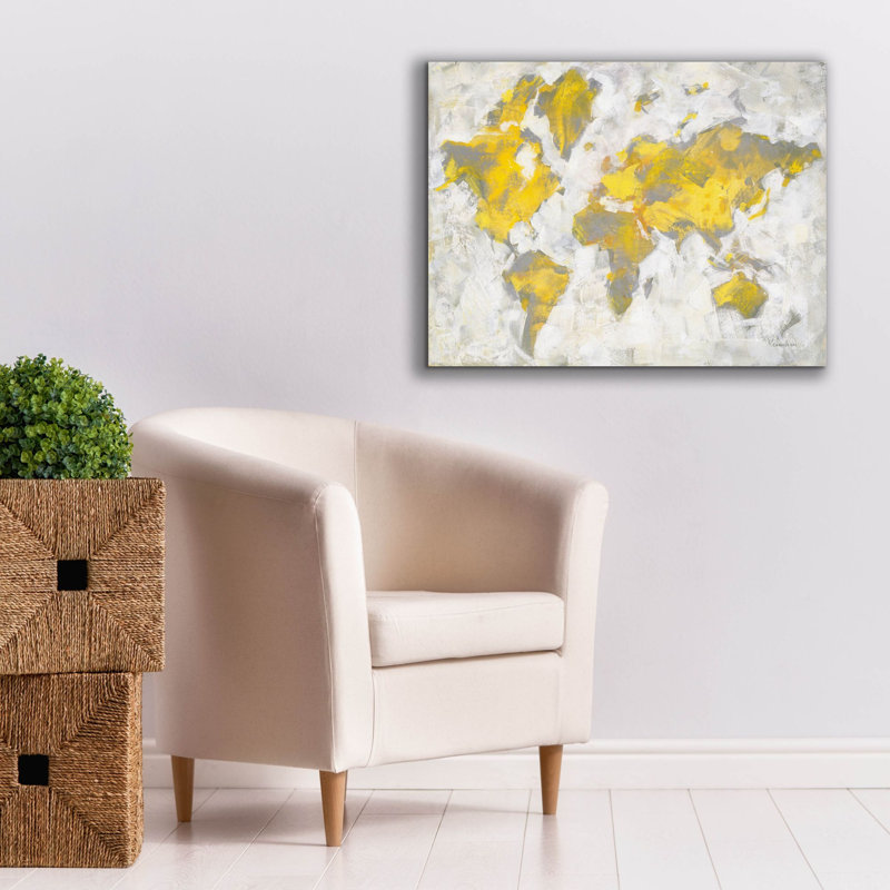 «Epic Graffiti», «World Map Yellow Grey» par Danhui Nai, art mural sur toile, H 26 po x l 34 po