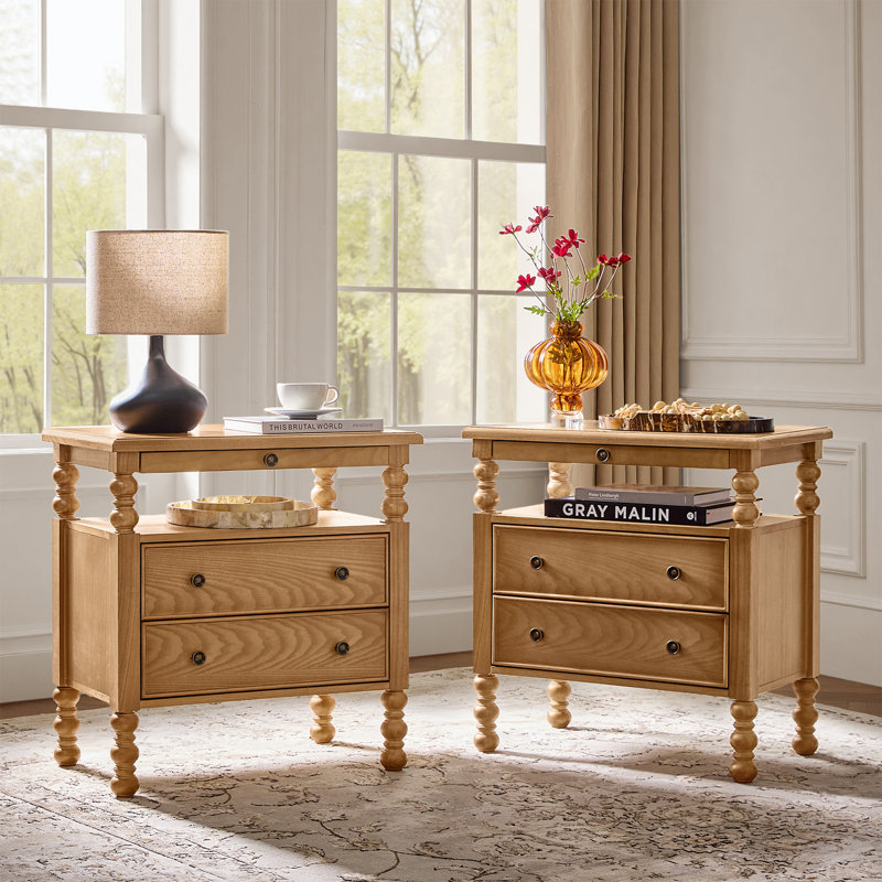 Aristidh Traditional 26"W 2-Drawer End Table with Charging Station and Pull-Out Shelf and Easy Assembly , Oak