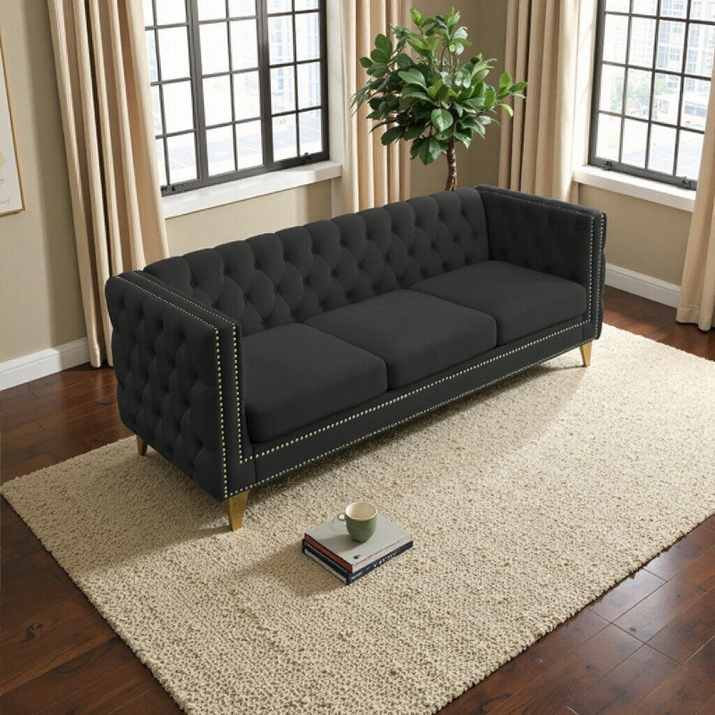 Canapé luxueux en velours noir avec capitonnage à boutons et garniture cloutée - Design Chesterfield moderne pour le salon et la chambre à coucher
