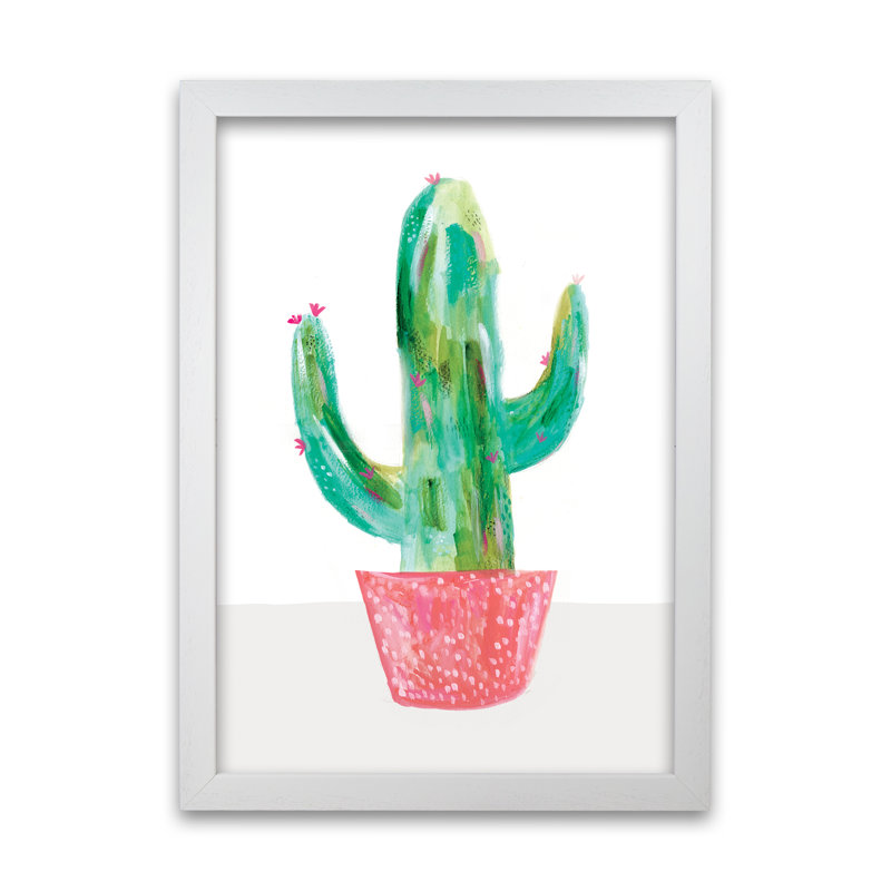Painted Cactus In Coral Plant Pot by Laura Irwin - Print, 84cm H x 59.4cm W x 3cm D, White Framed