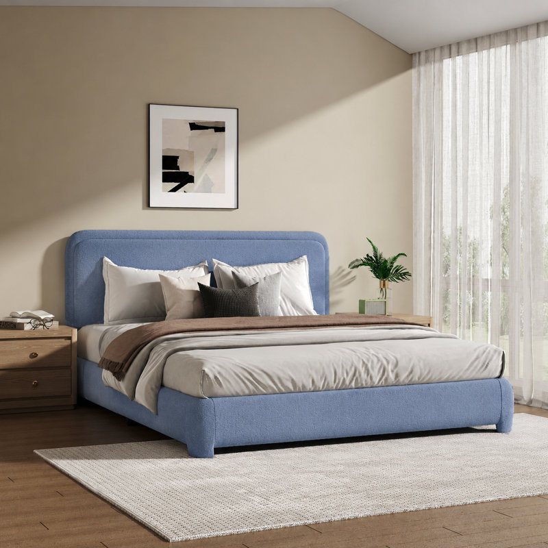 Lit plateforme tapissier Bensu Boucle, Très grand lit, Bleu