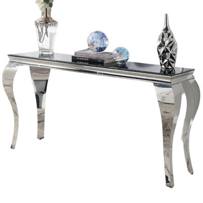 Classic Table With Black Beveled Glass Top And Silver -Style Stainless Steel Legs Modern For Interior, Tempered Metal
